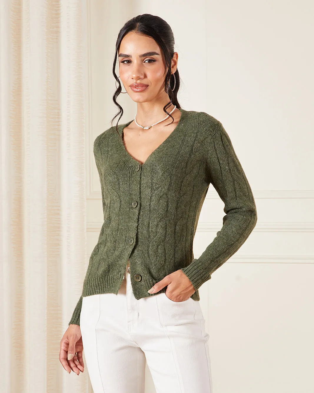 Women Green V-Neck Cable Knit Cardigan sold by Redtag