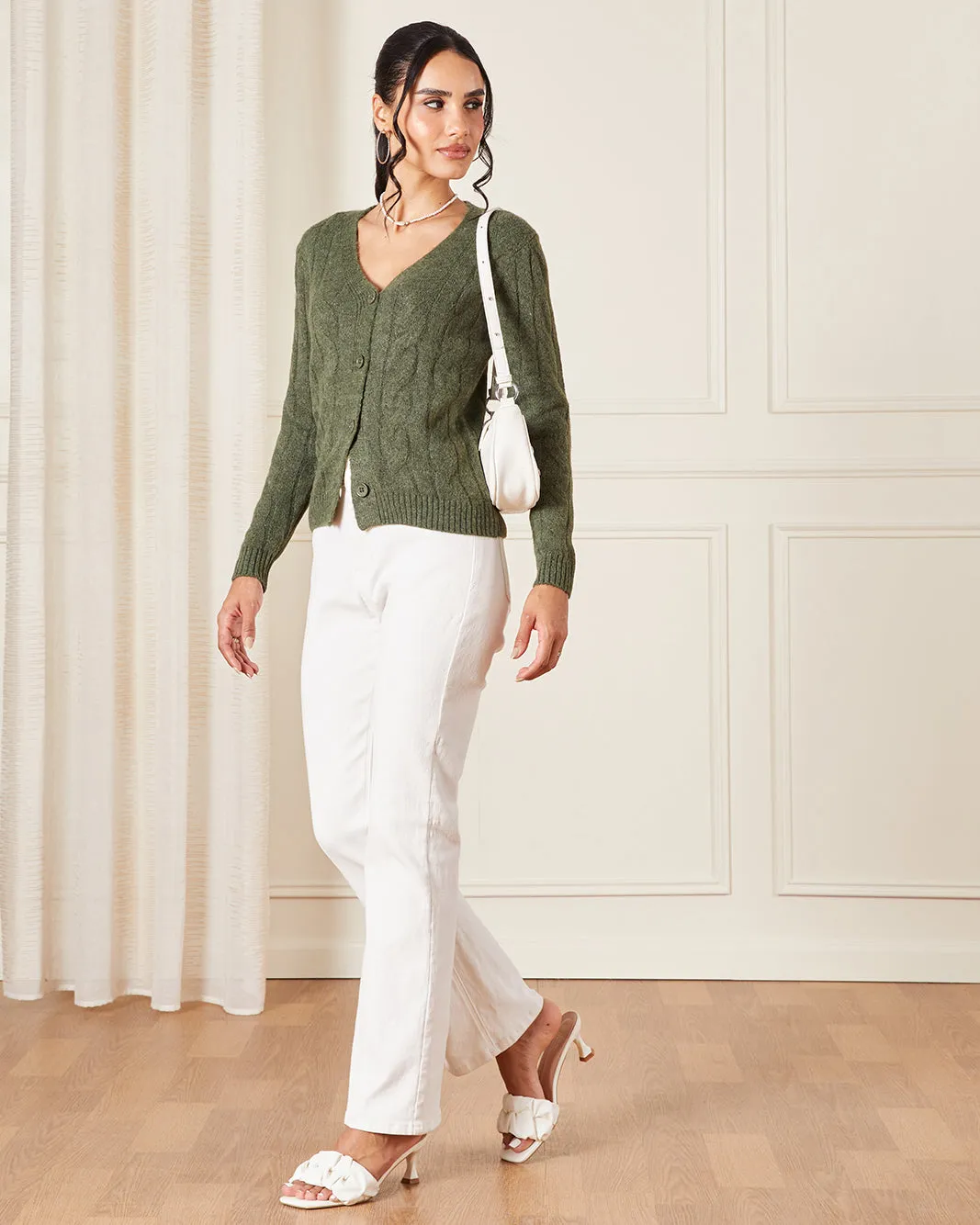 Women Green V-Neck Cable Knit Cardigan sold by Redtag product image thumbnail 2