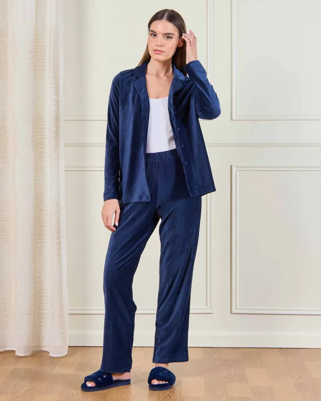 Women Navy Velour Solid Pyjama Set (2 Piece) sold by Redtag