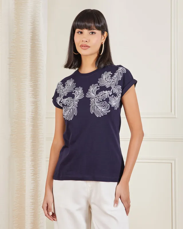 Women Navy Drop Shoulder Print T-Shirt sold by Redtag