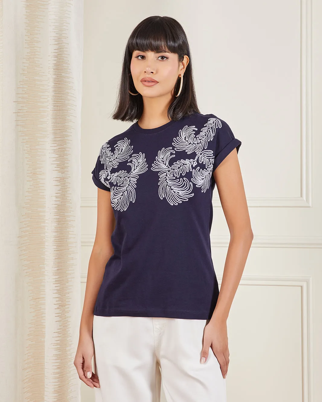 Women Navy Drop Shoulder Print T-Shirt sold by Redtag