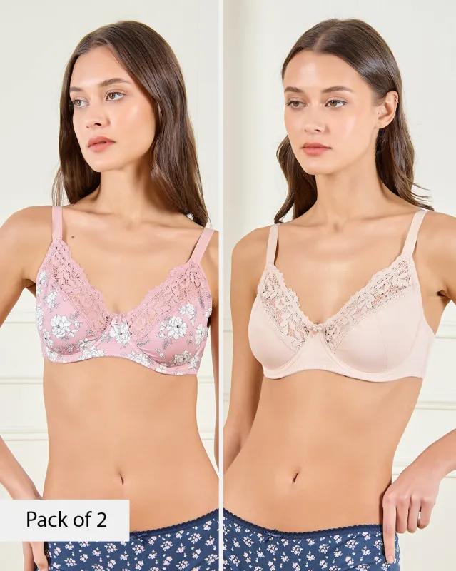 Women Pink And Beige Printed & Solid Non-Padded Bra (Pack of 2) sold by Redtag