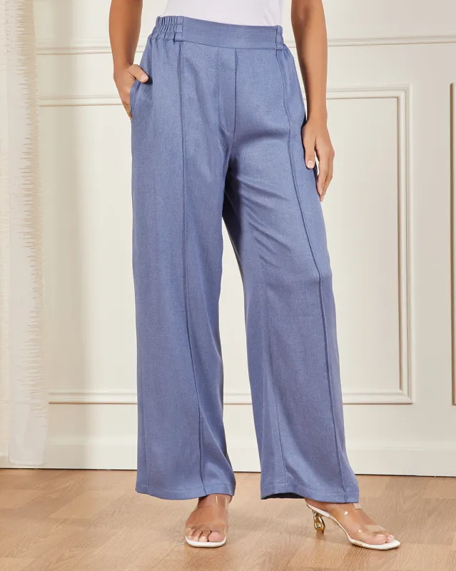 Women Blue Wide Leg Back Elasticated Trousers sold by Redtag