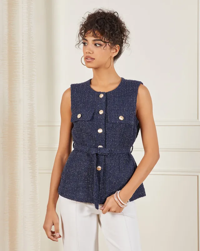 Women Navy Tweed Button Detail Vest sold by Redtag