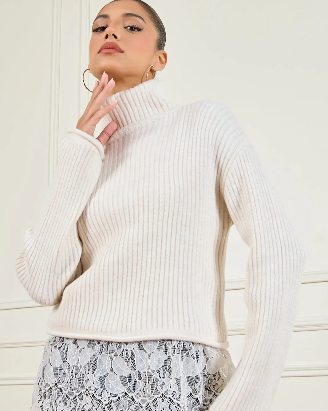 Women Beige Lace Turtleneck Sweater sold by Redtag product image thumbnail 4