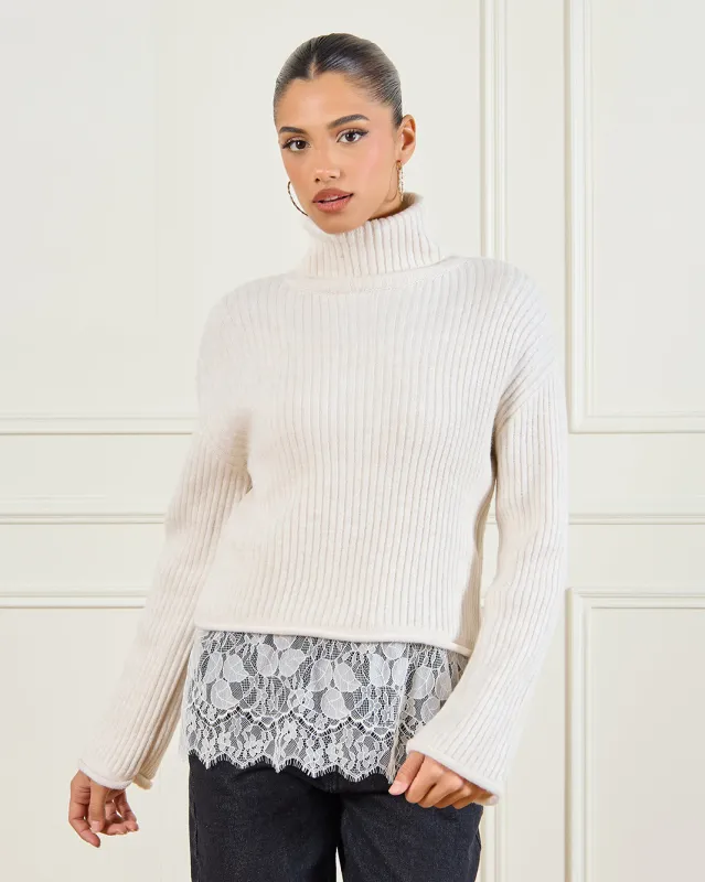 Women Beige Lace Turtleneck Sweater sold by Redtag