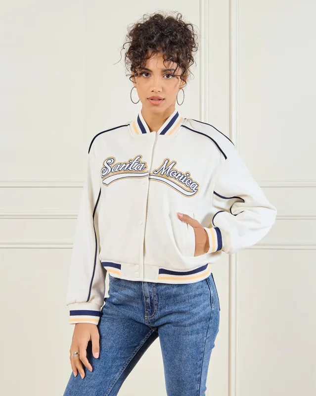 Women Ivory Varsity Jacket sold by Redtag