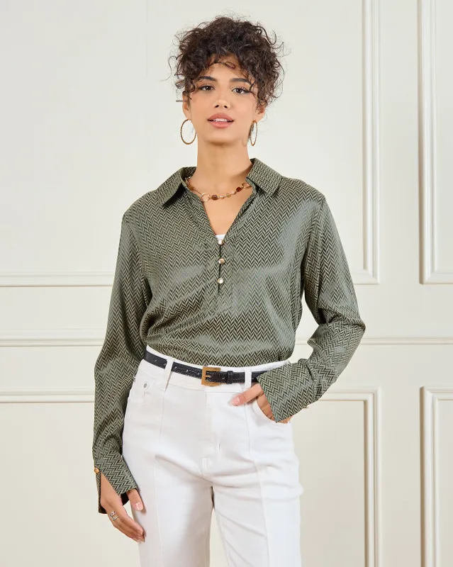 Women Olive Button Down Jacquard Blouse sold by Redtag