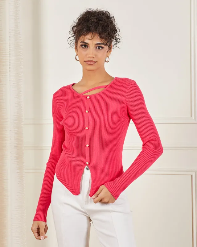 Women Pink Neck Detailed Ribbed Top sold by Redtag
