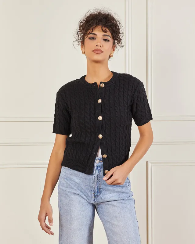 Women Black Cable Knit Button Down Top sold by Redtag