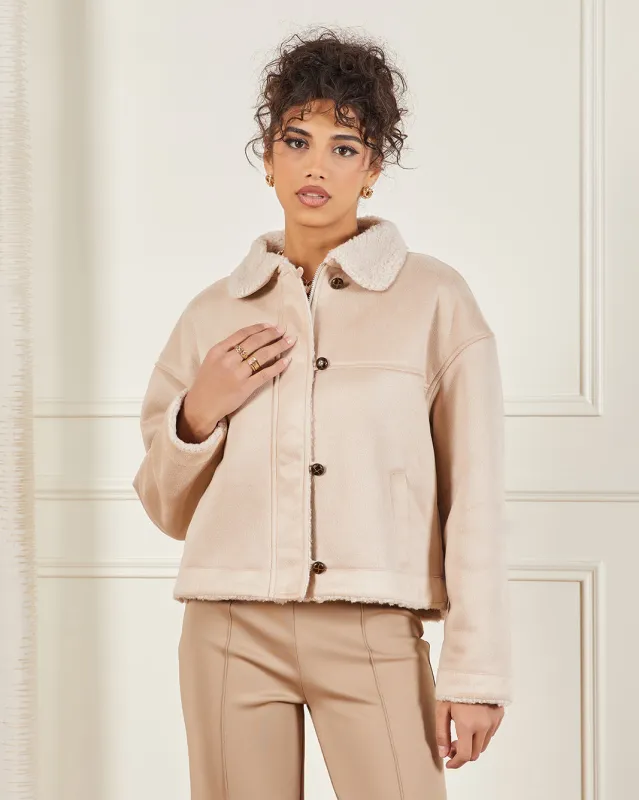 Women Beige Suede Fur Jacket sold by Redtag