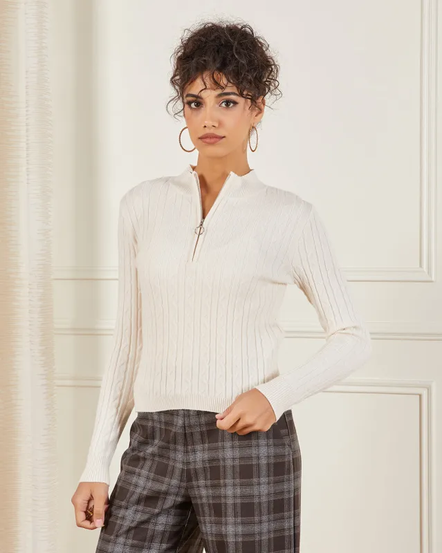 Women Cream Half Zip-Up Cable Knit Pullover sold by Redtag