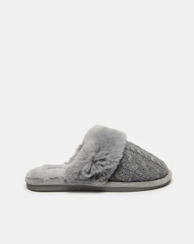 Women Grey Chenille Fur Trim Closed Toe Slipper sold by Redtag