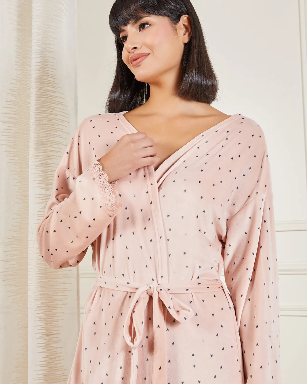 Women Pink Printed Ditsy Heart Velour Robe sold by Redtag product image thumbnail 4