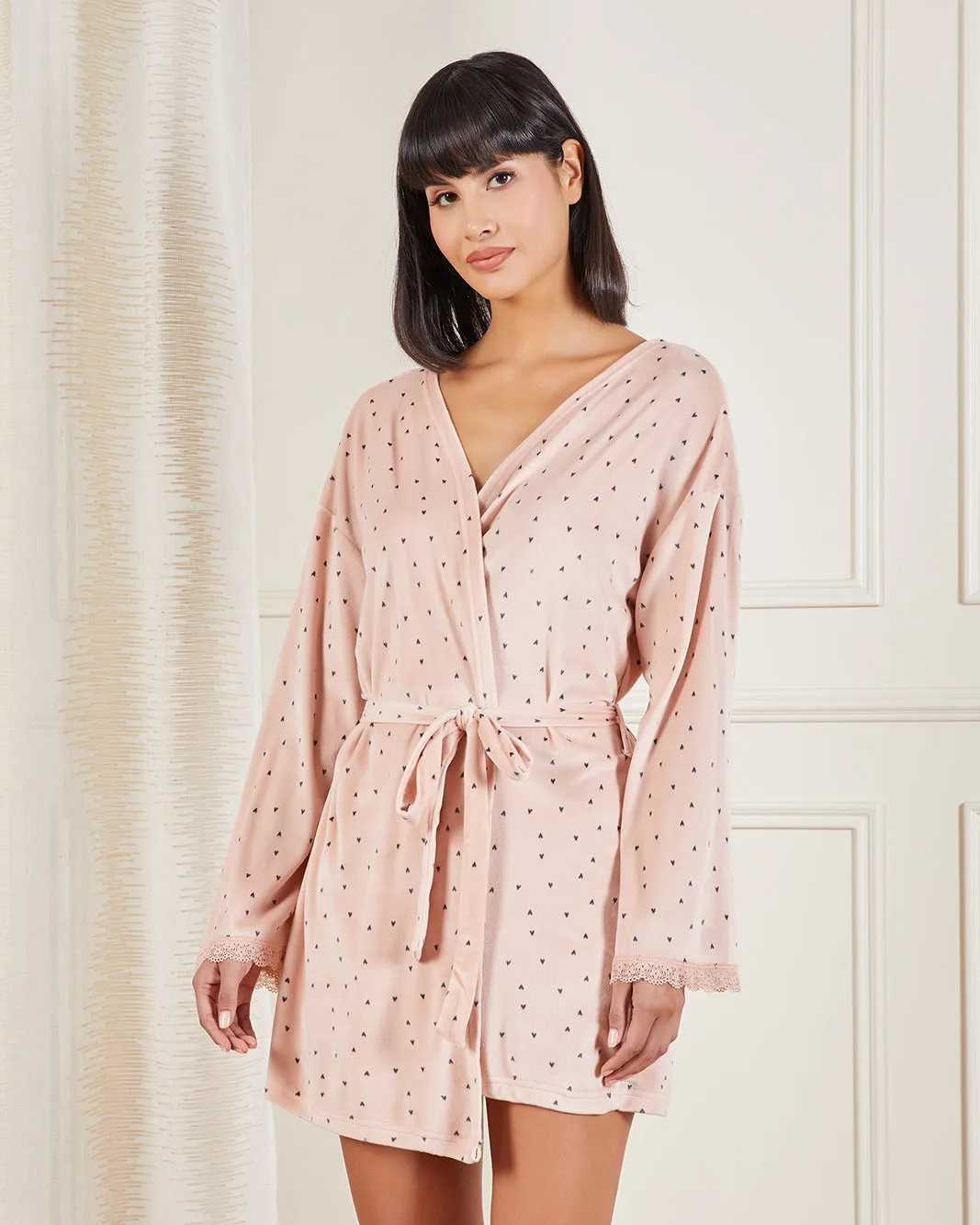 Women Pink Printed Ditsy Heart Velour Robe sold by Redtag
