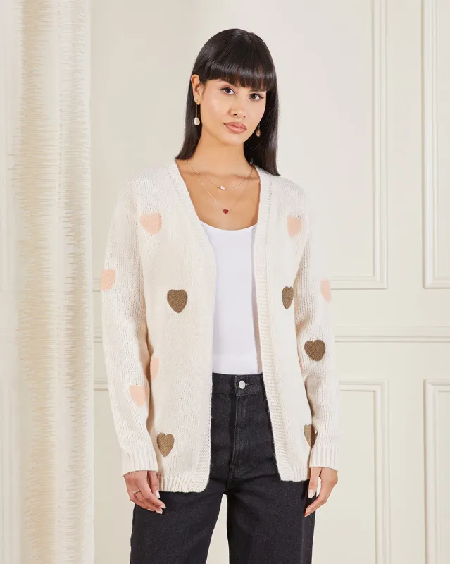 Women Cream Heart Print Sweater sold by Redtag