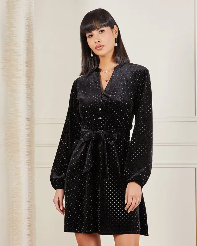 Women Black Studded Belted Velour Dress sold by Redtag