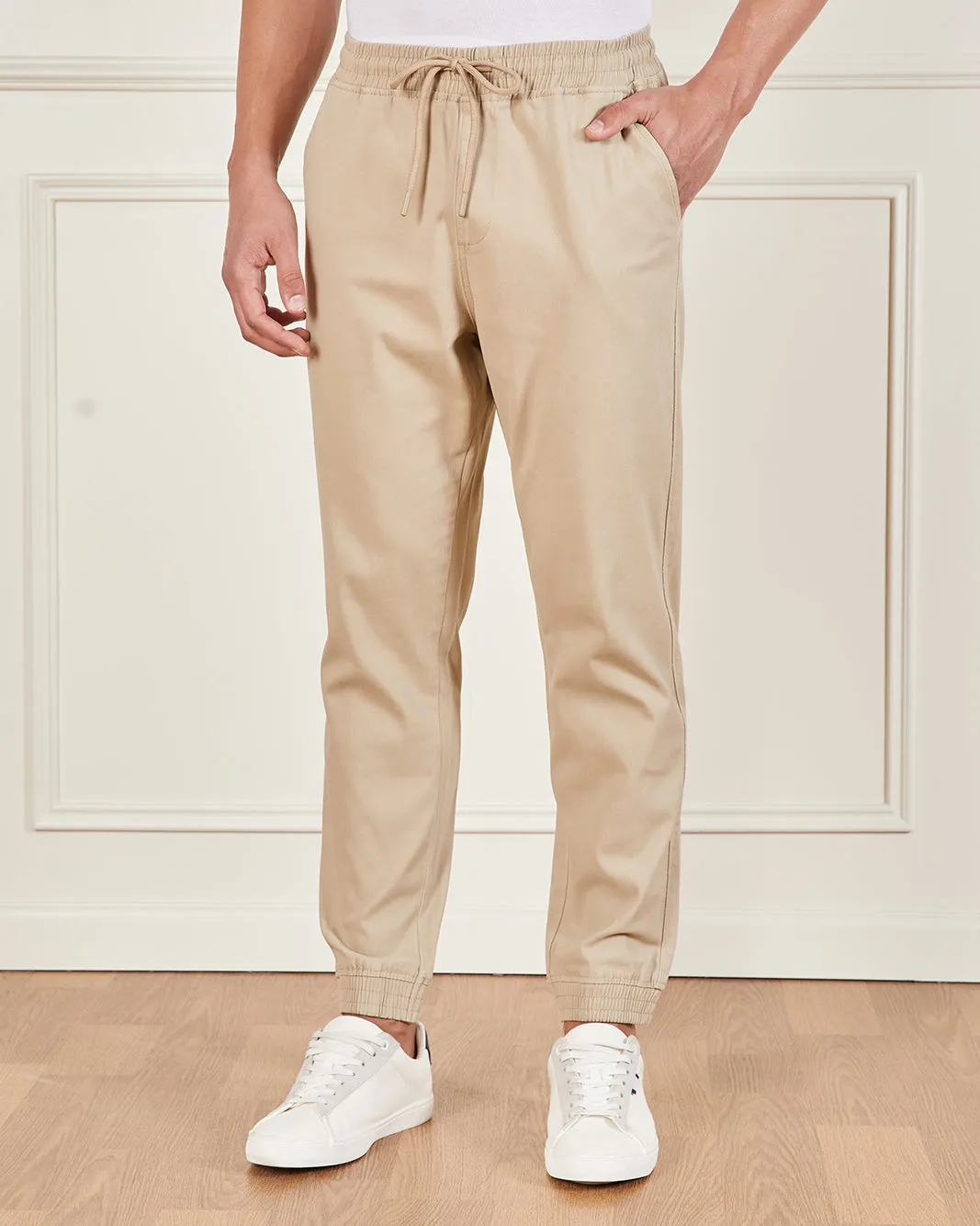 Men Beige Basic Twill Jogger sold by Redtag