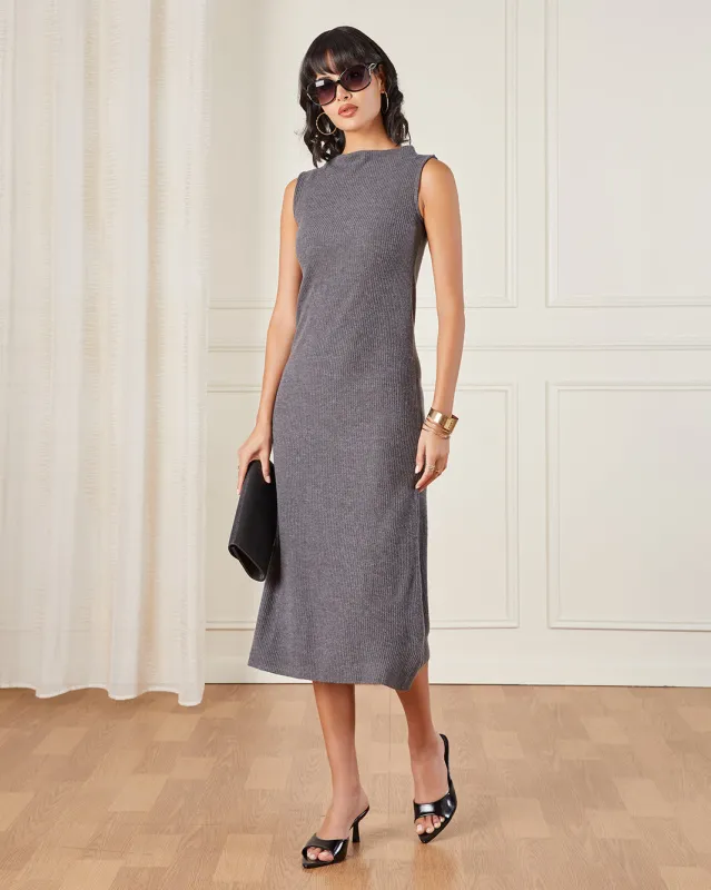 Women Grey Ribbed Midi Dress sold by Redtag