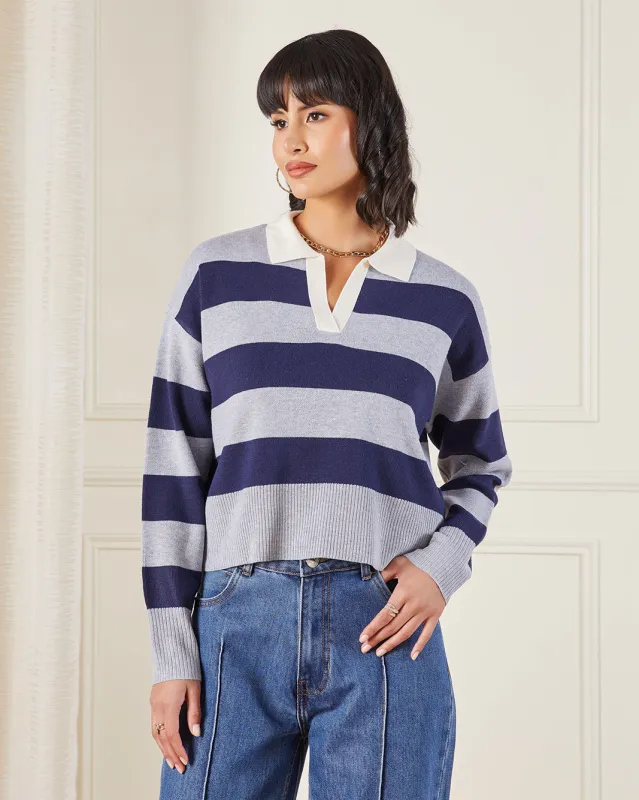 Women Navy Collared Pullover sold by Redtag