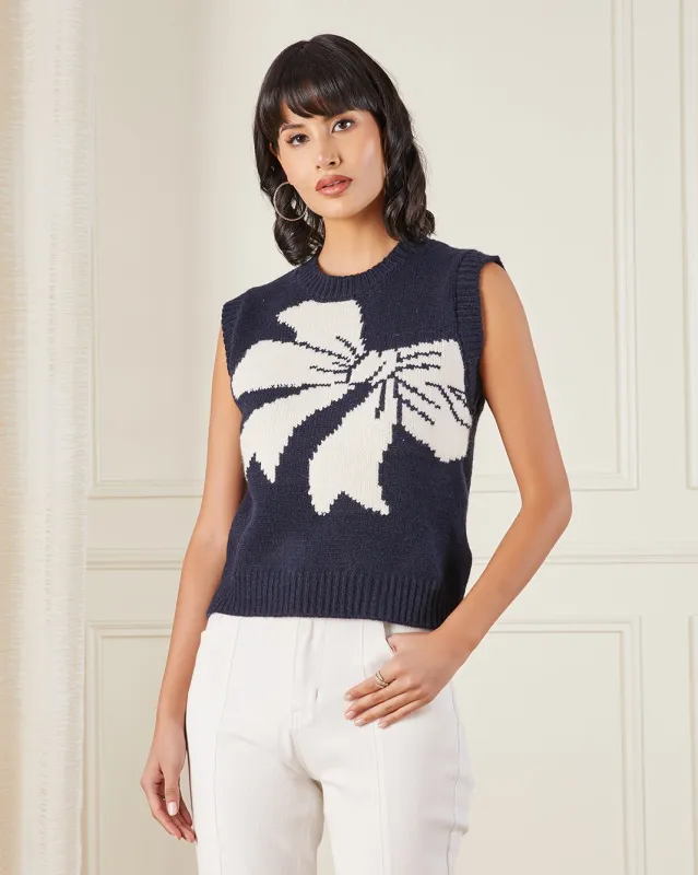 Women Navy Jacquard Sleeveless Vest sold by Redtag