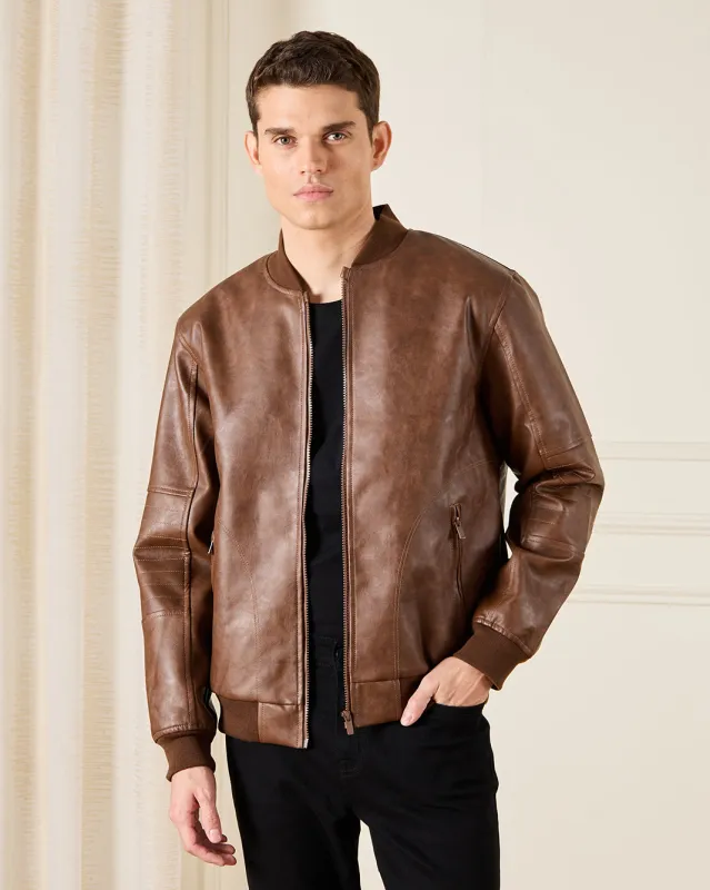 Men Brown Bomber Jacket With Sherpa Lining sold by Redtag