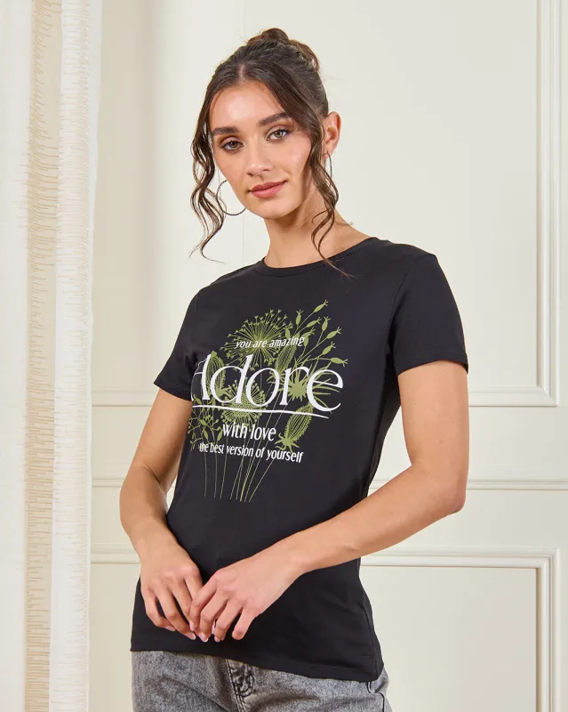 Women Black Graphic T-Shirt sold by Redtag