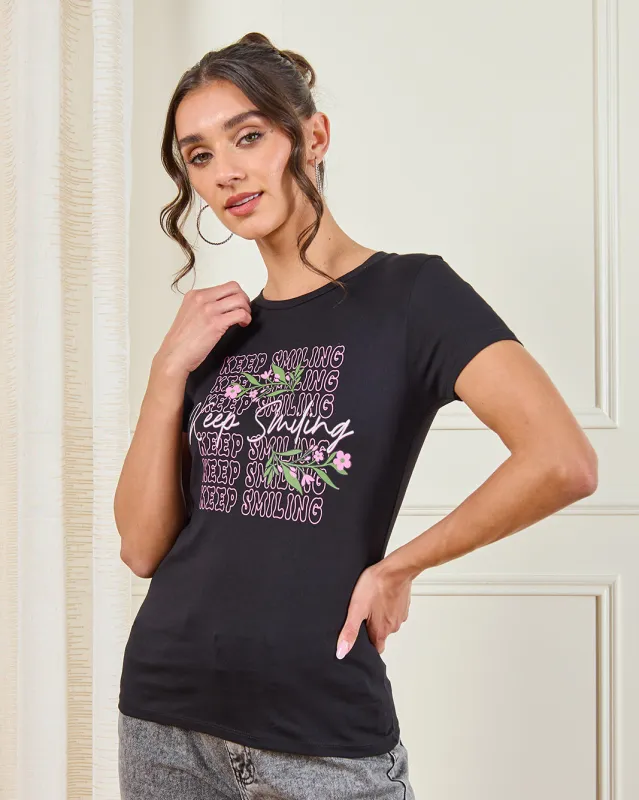 Women Black Graphic T-Shirt sold by Redtag