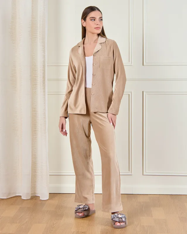 Women Beige Ribbed Velour Pyjama Set (2 Piece) sold by Redtag