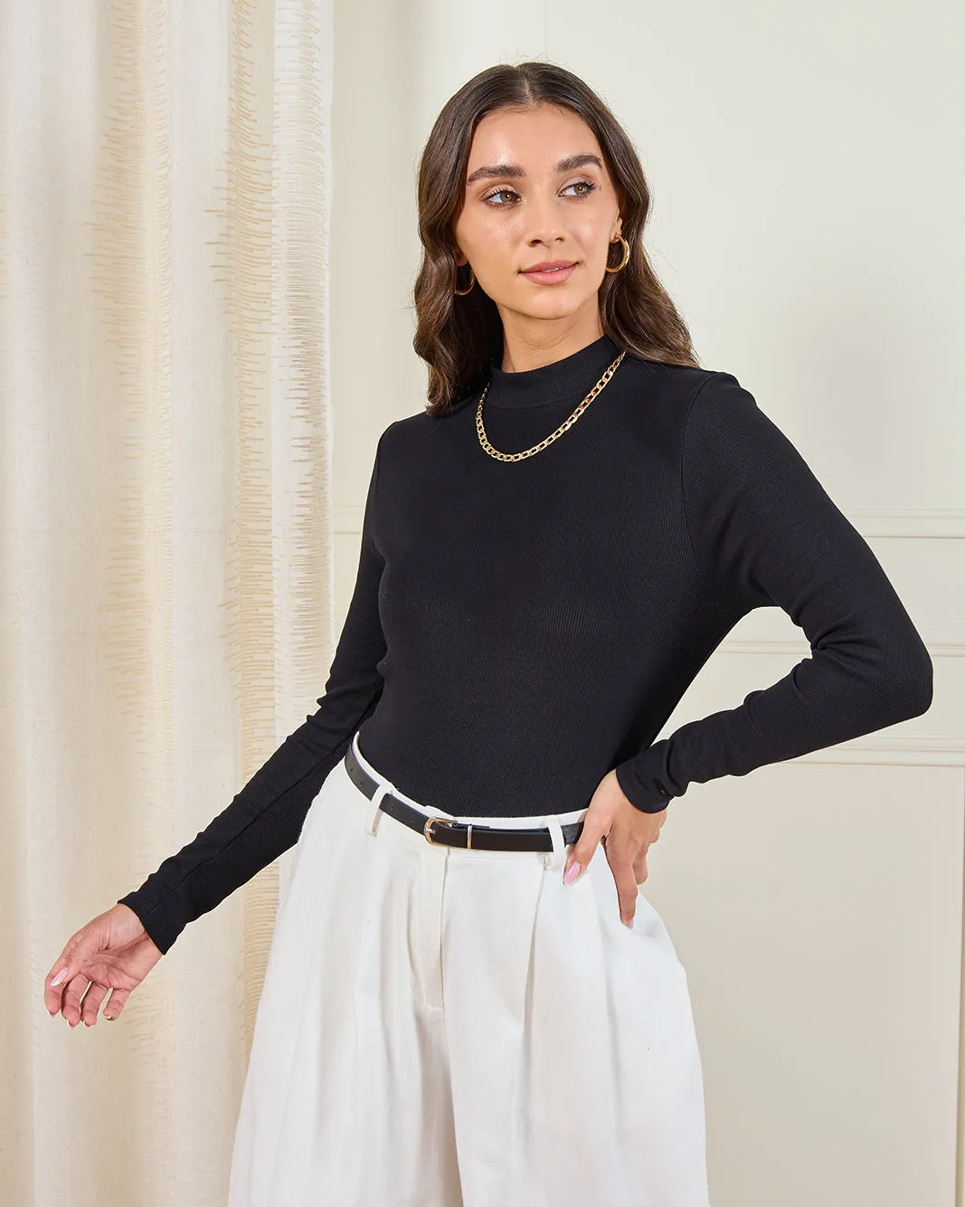 Women Black Basic High Neck T-Shirt sold by Redtag