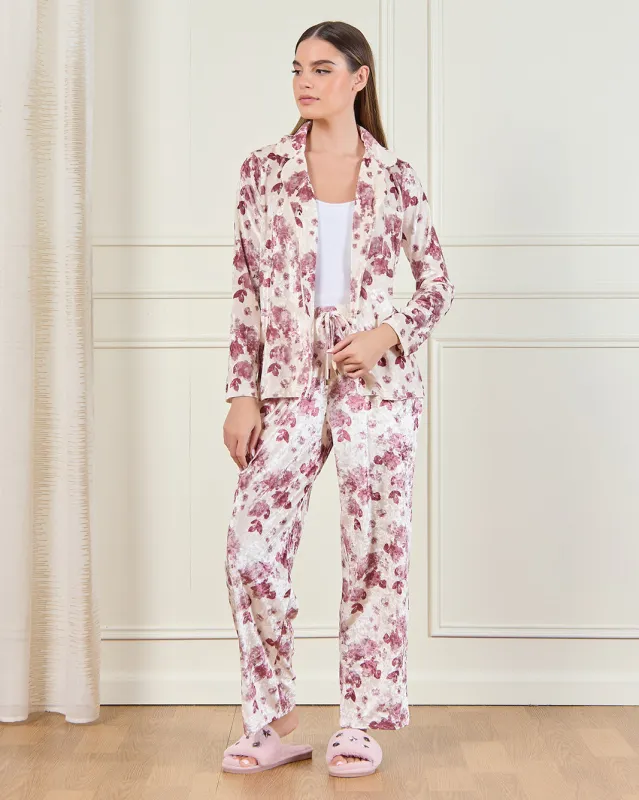 Women Cream Printed Velour Pyjama Set (2 Piece) sold by Redtag