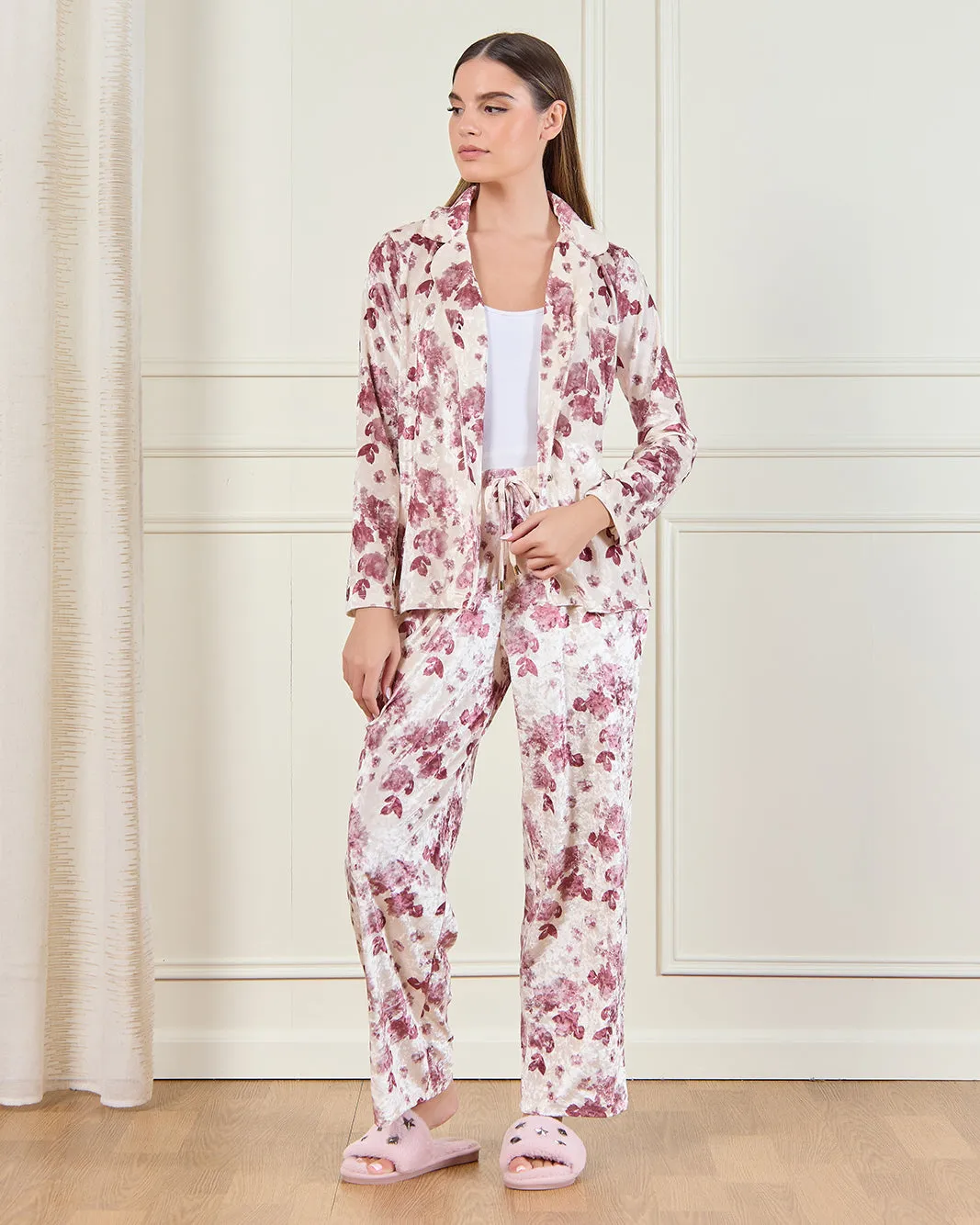 Women Cream Printed Velour Pyjama Set (2 Piece) sold by Redtag