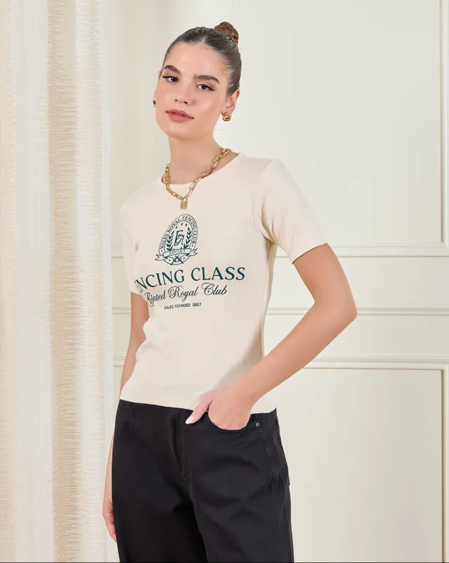 Women Beige Rib Printed T-Shirt sold by Redtag