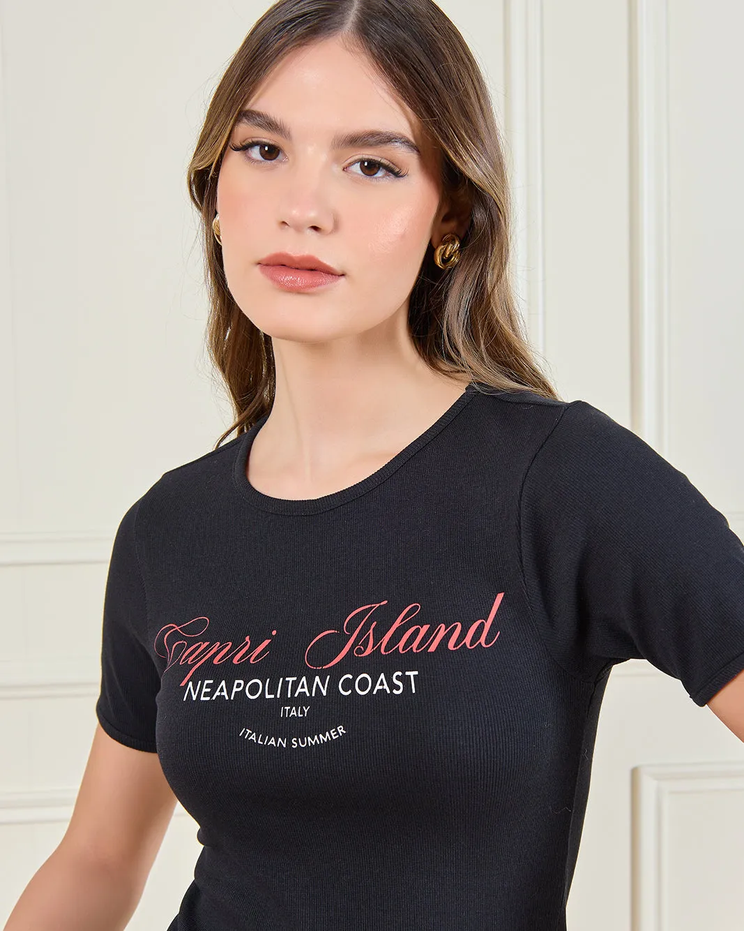 Women Black Rib Printed T-Shirt sold by Redtag product image thumbnail 4