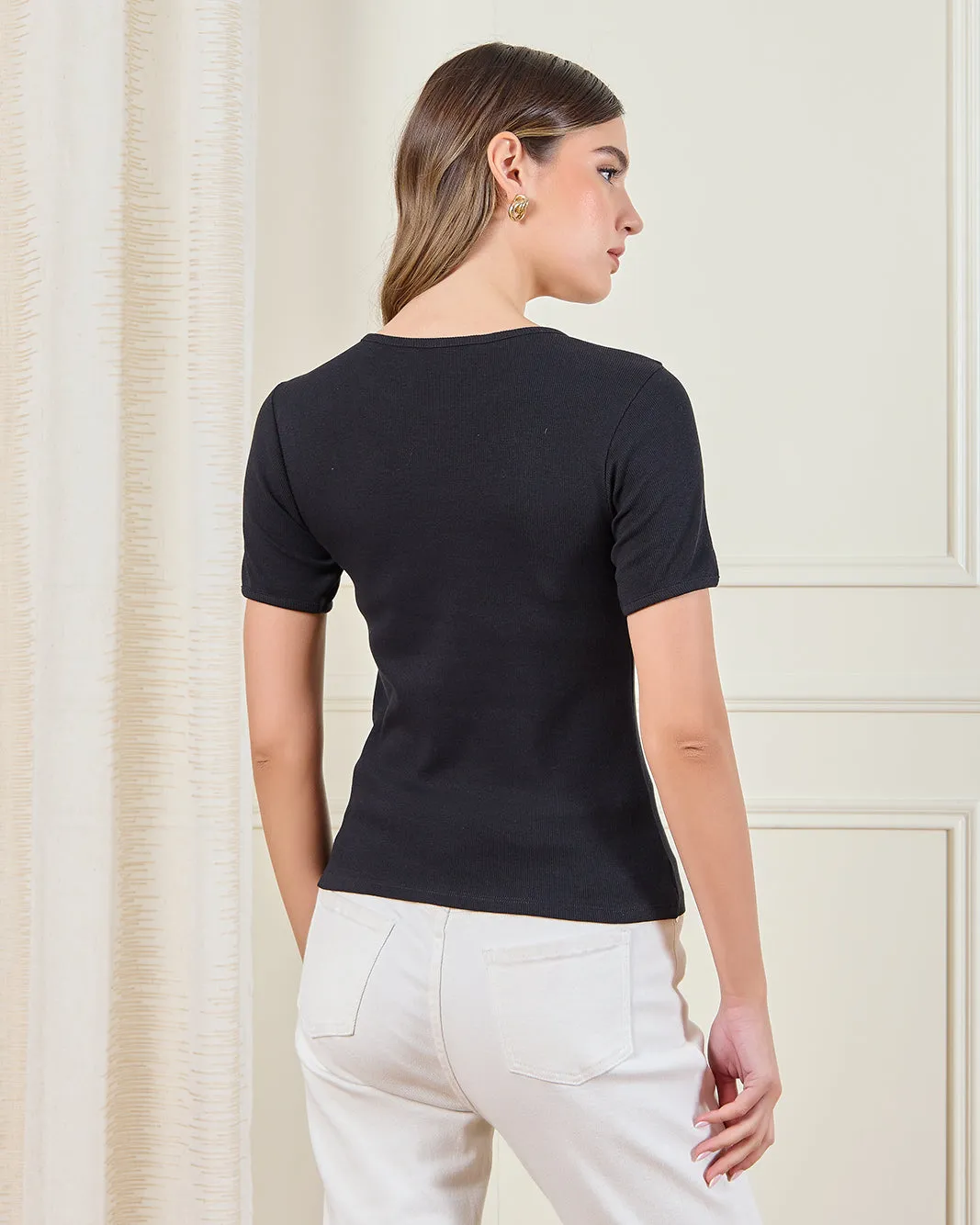 Women Black Rib Printed T-Shirt sold by Redtag product image thumbnail 3