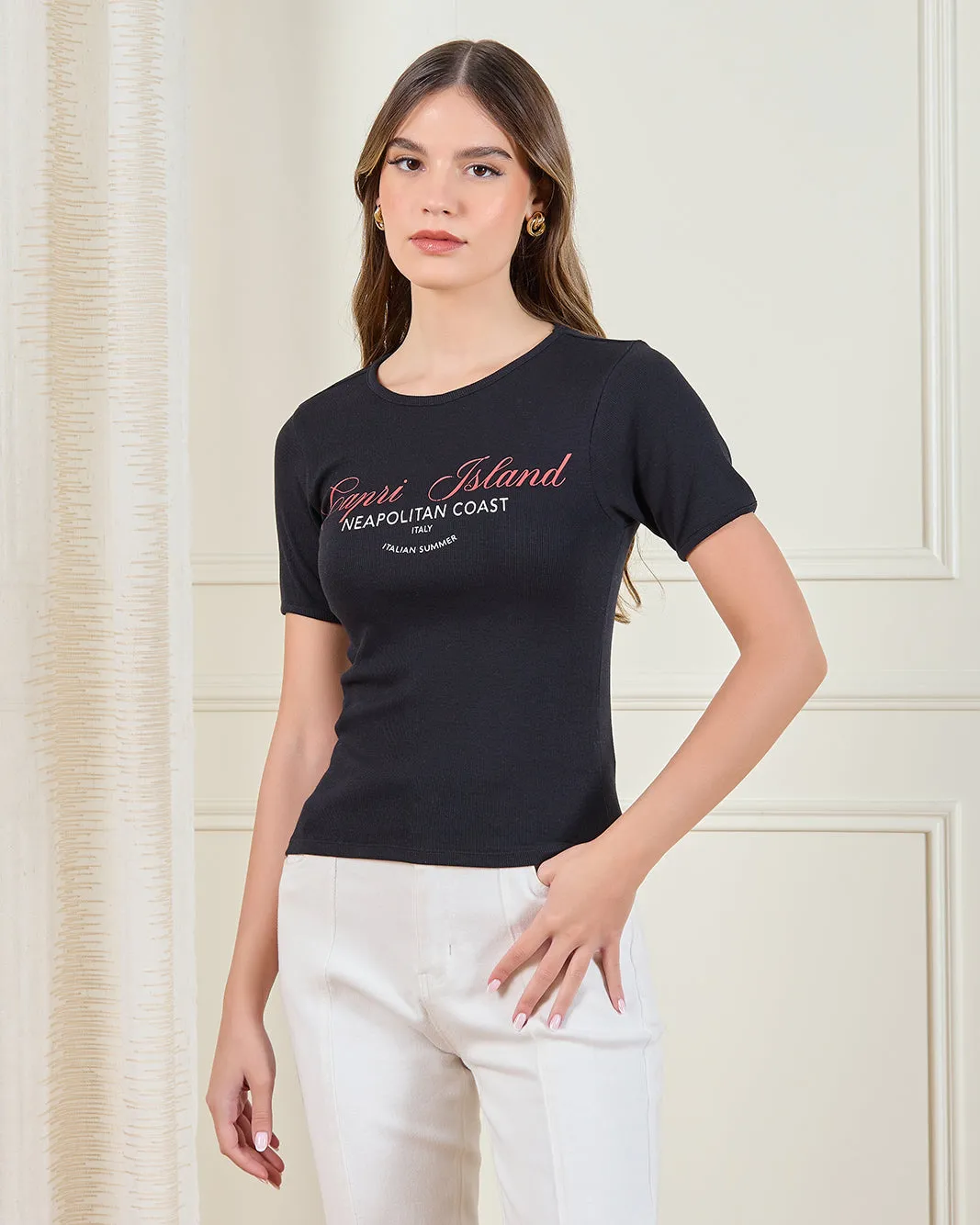 Women Black Rib Printed T-Shirt sold by Redtag