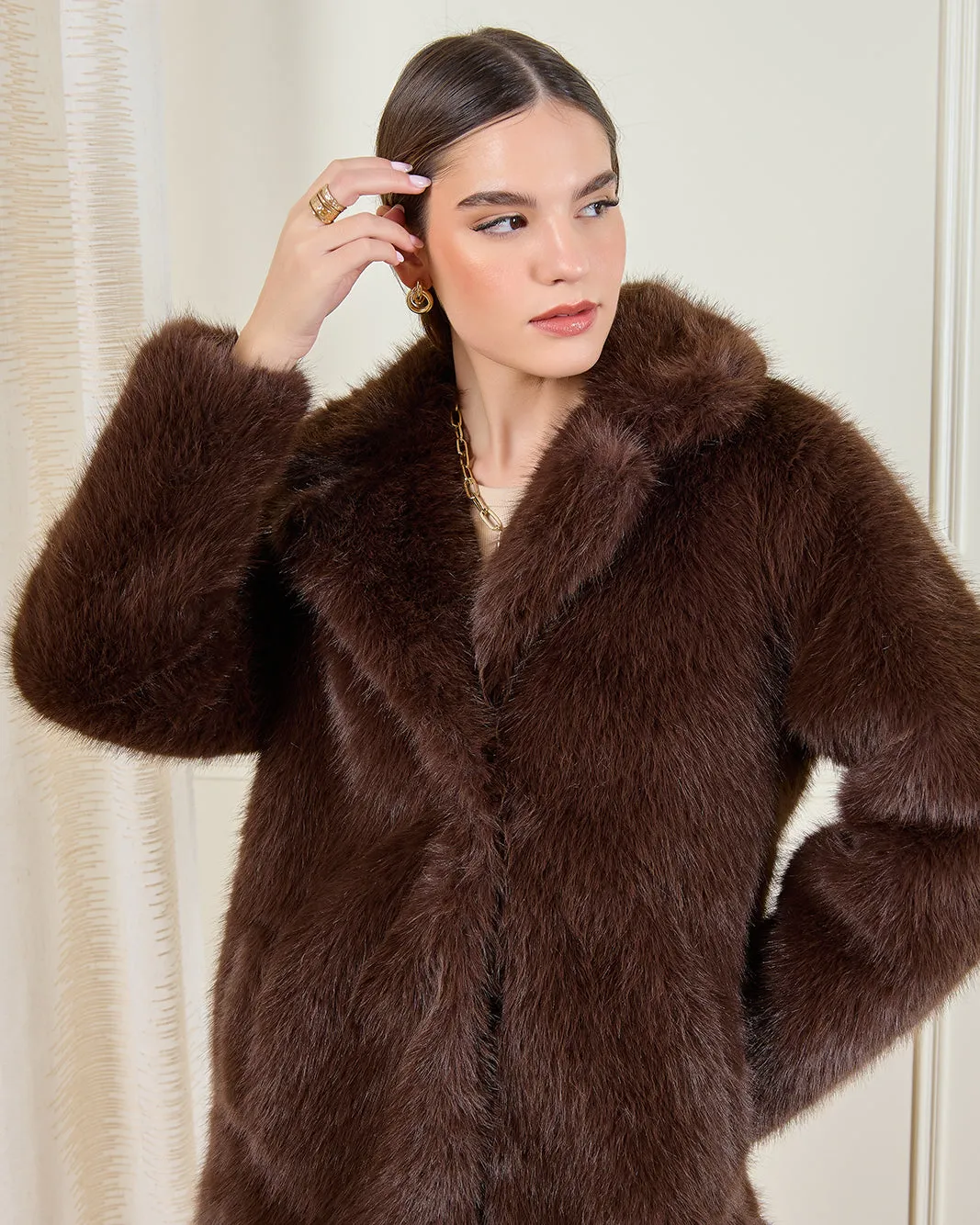 Women Brown Faux Fur Long Coat sold by Redtag product image thumbnail 4