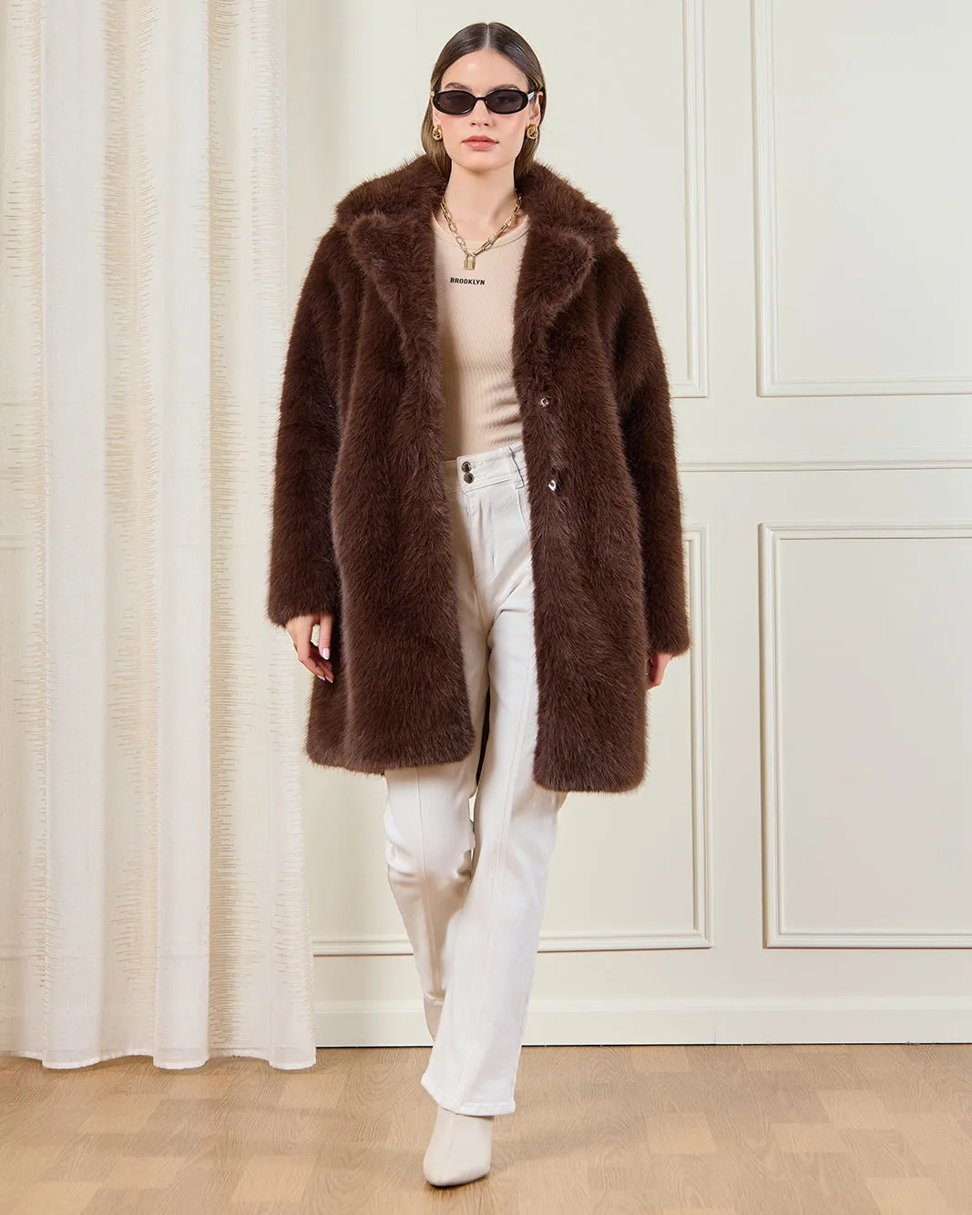 Women Brown Faux Fur Long Coat sold by Redtag product image thumbnail 2