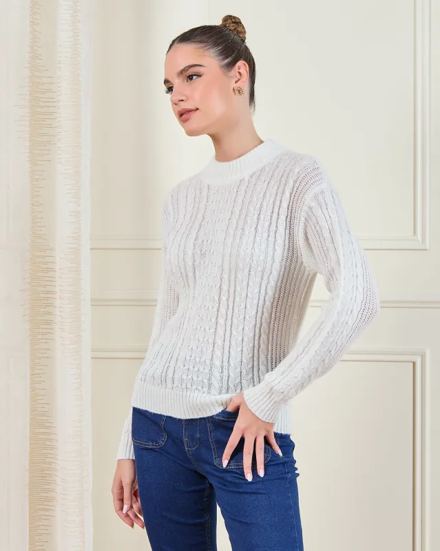 Women White Jacquard Knit Pullover sold by Redtag