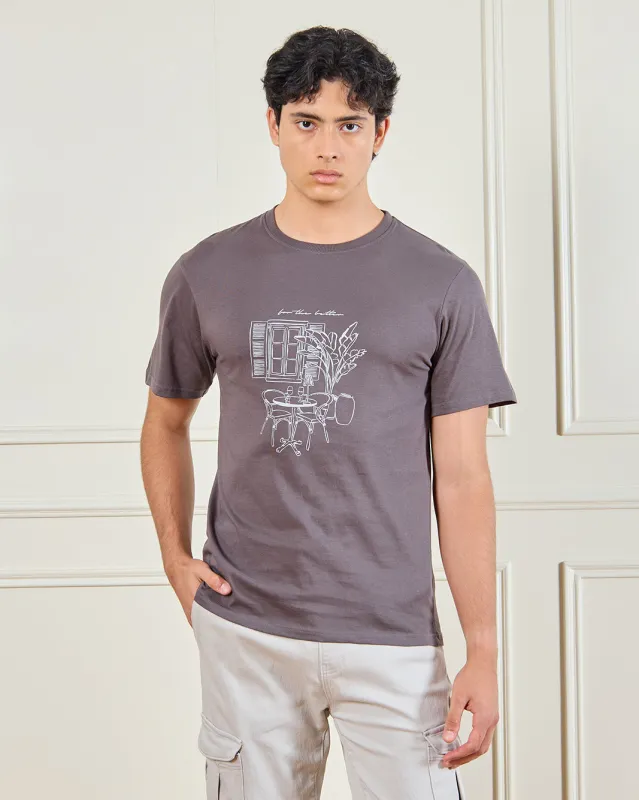 Men Charcoal Basic Graphic T-Shirt sold by Redtag