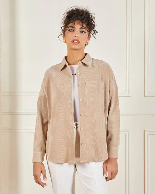 Women Beige Couduroy Button Down Shirt sold by Redtag