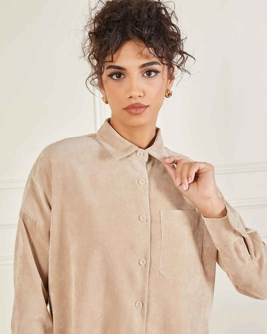 Women Beige Couduroy Button Down Shirt sold by Redtag product image thumbnail 4