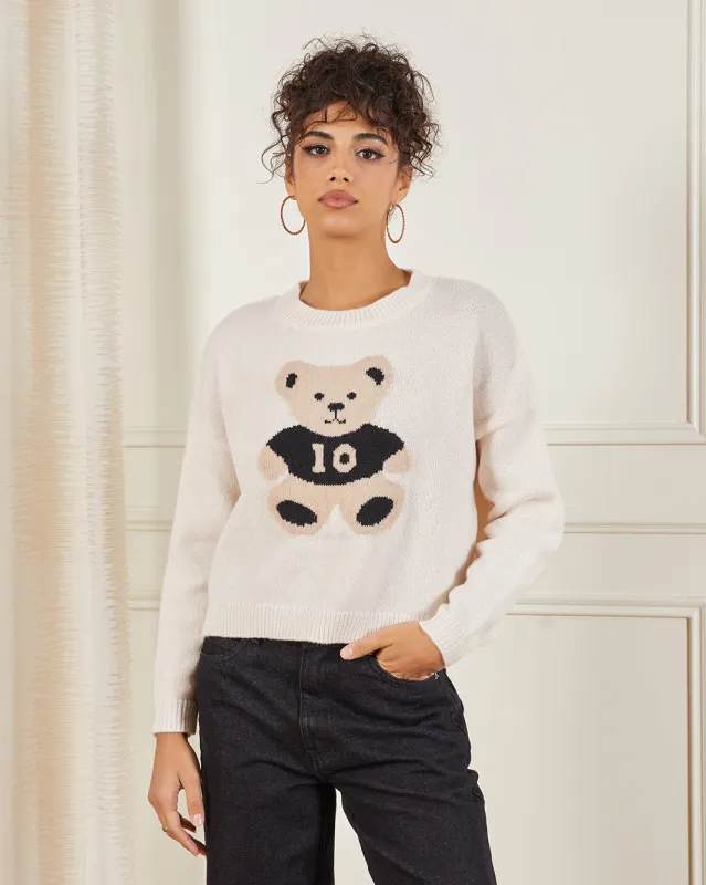 Women Cream Bear Print Cable Pullover sold by Redtag
