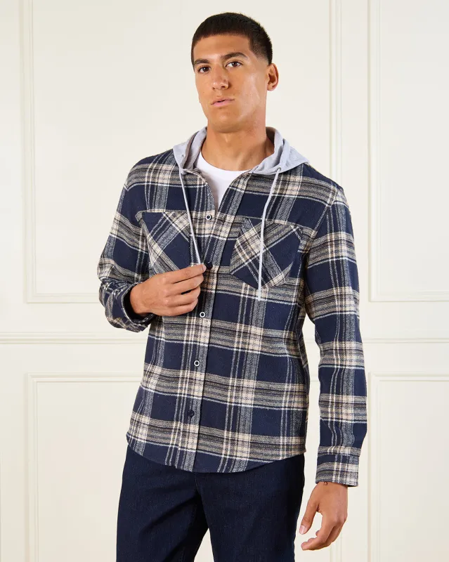 Men Navy Checkered Hooded Shirt sold by Redtag