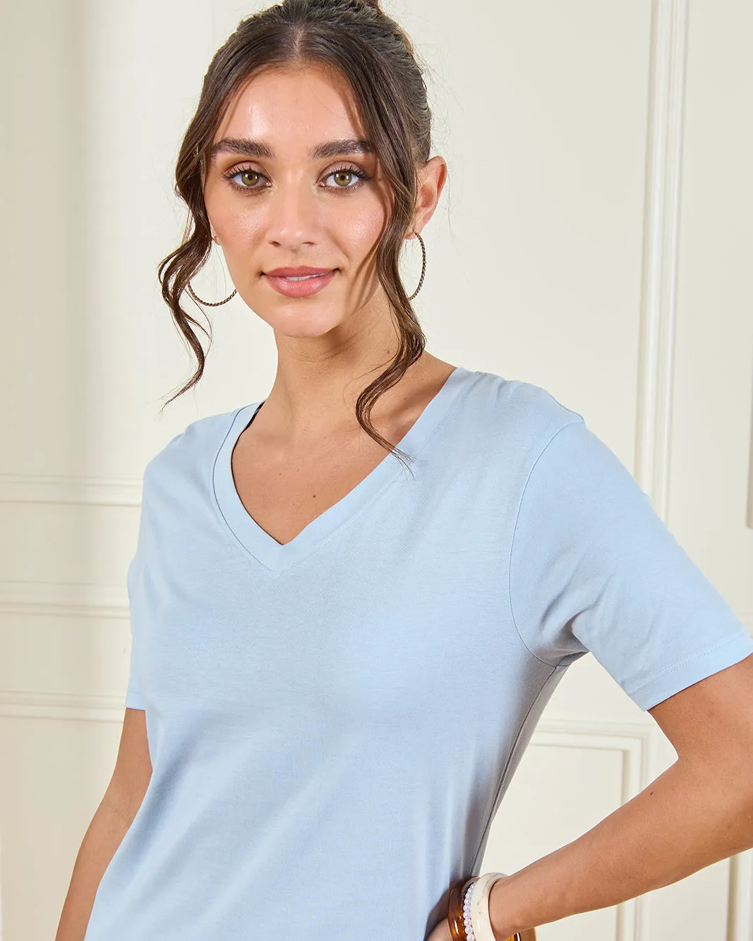 Women Blue Basic V-Neck T-Shirt sold by Redtag product image thumbnail 4