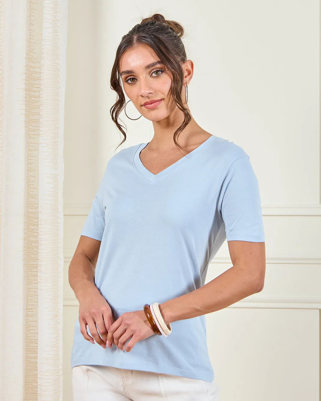 Women Blue Basic V-Neck T-Shirt sold by Redtag