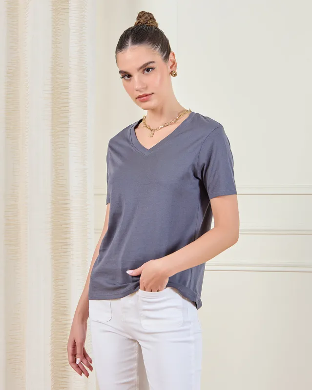 Women Grey V-Neck T-Shirt sold by Redtag