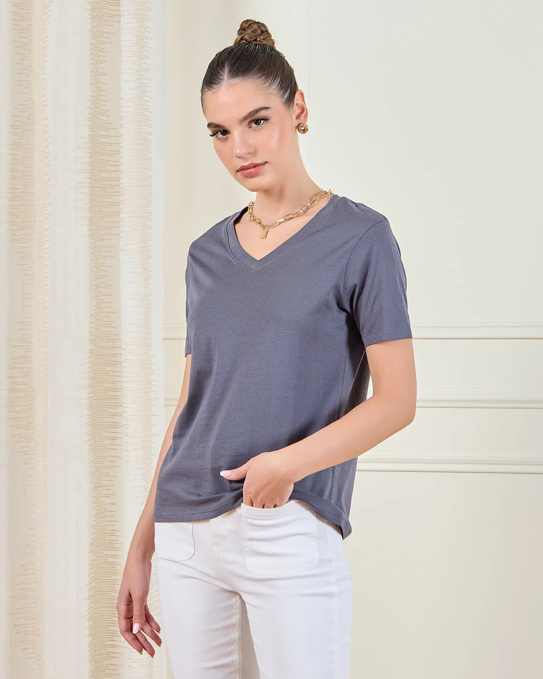 Women Grey V-Neck T-Shirt sold by Redtag