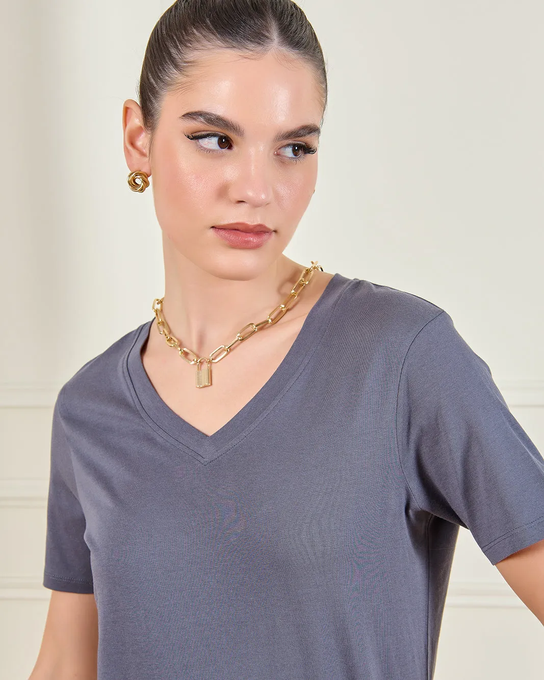 Women Grey V-Neck T-Shirt sold by Redtag product image thumbnail 4