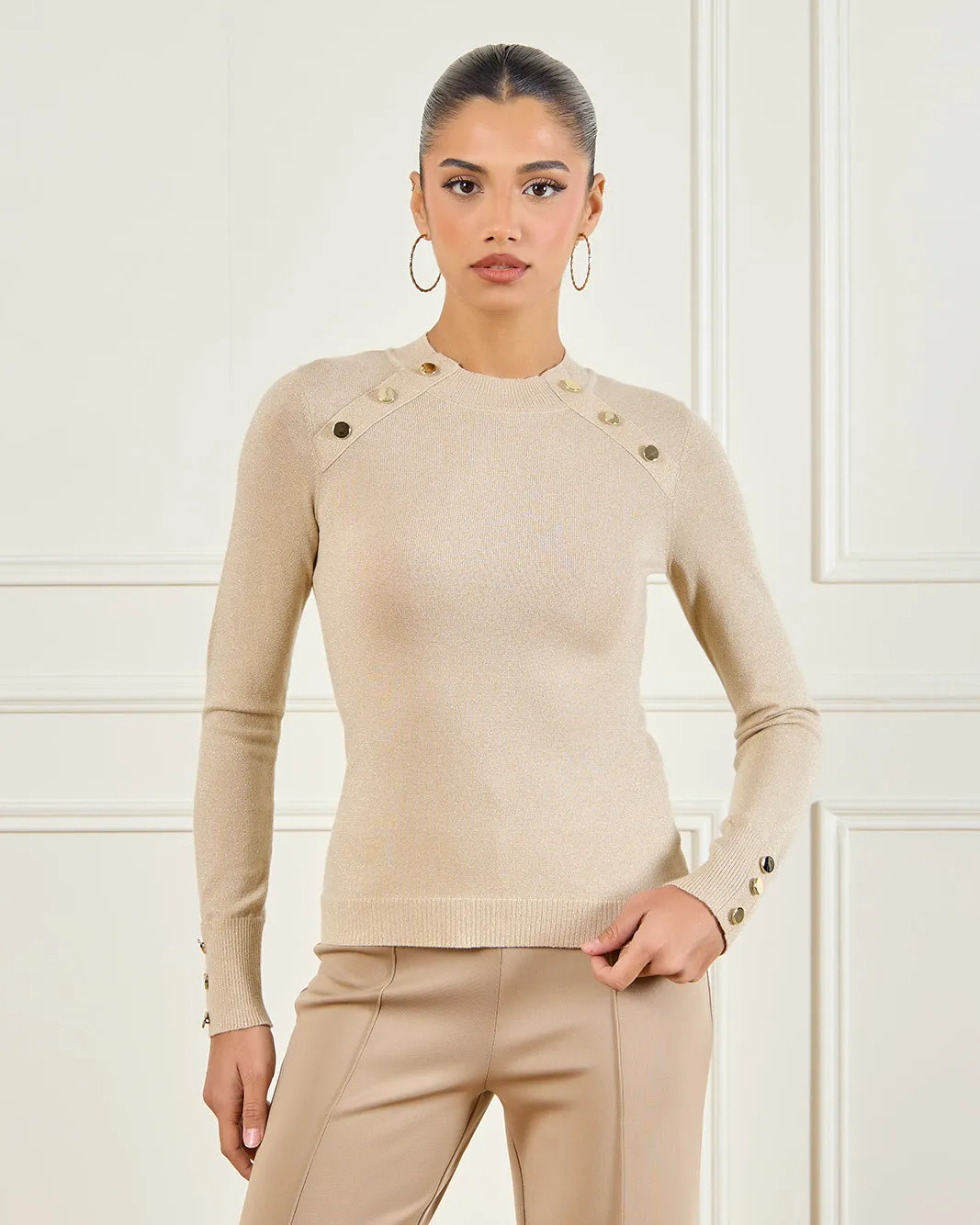 Women Beige Button Detailed Sweater sold by Redtag